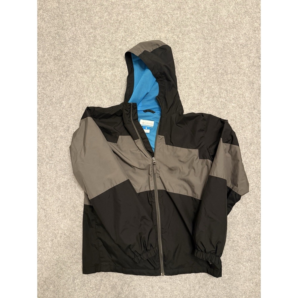 Columbia Boys XL 18/20 Windbreaker Jacket Black Gray Colorblock Hooded Mesh Y2K